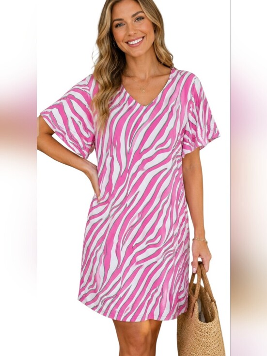 Voy Dresses & Skirts - VOY NWT Pink Zebra Print Flutter Sleeve Shift Dress Small